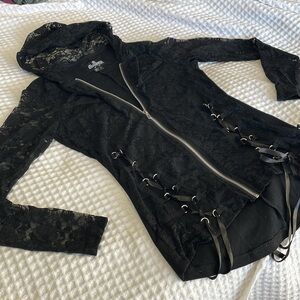 Royal bones by Daang lace zip up hoodie w/ ribbon ties women’s S black sheer